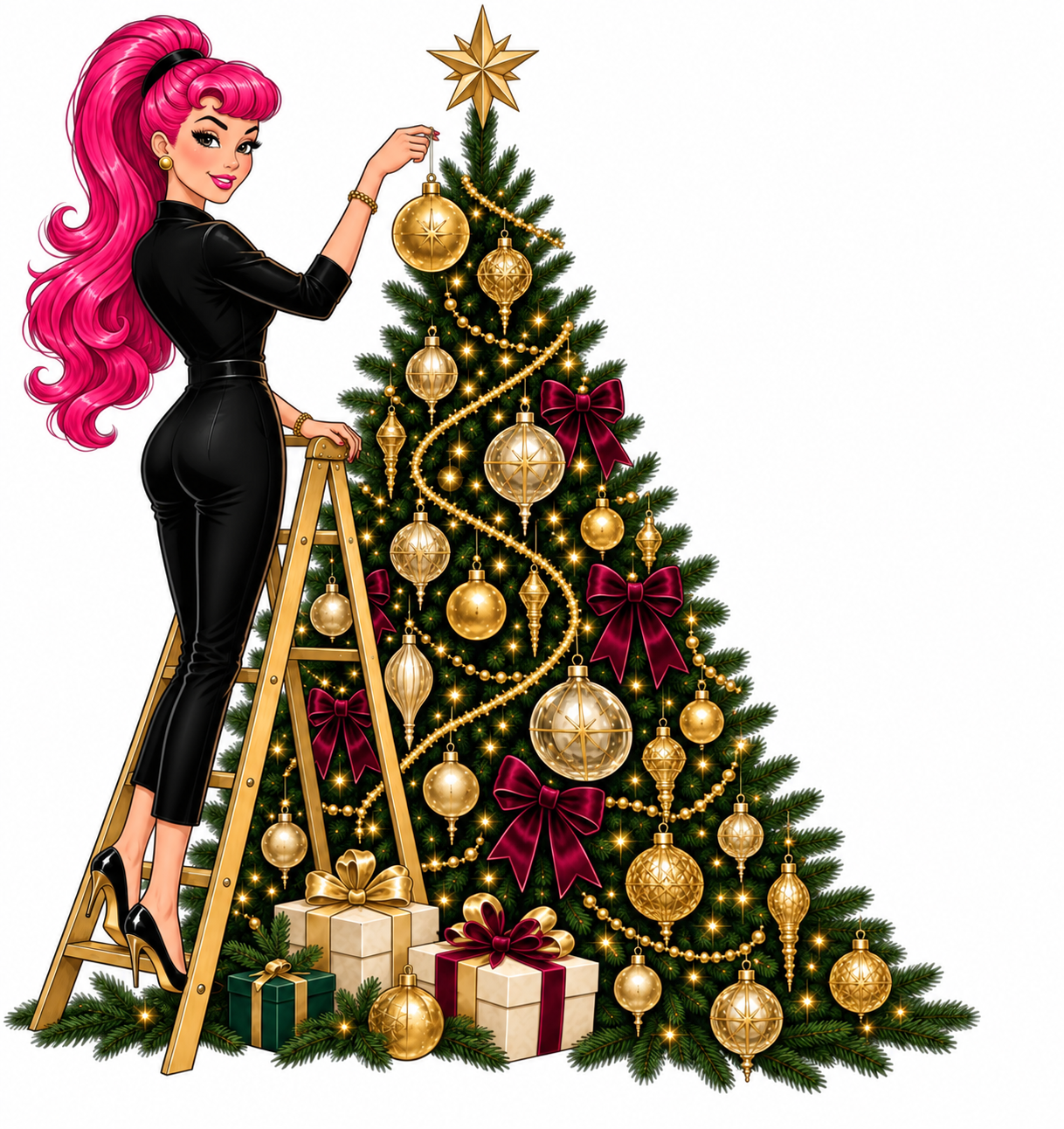 Lindsay with her pink ponytail decorating a Christmas tree in gold ornaments and burgundy ribbons
