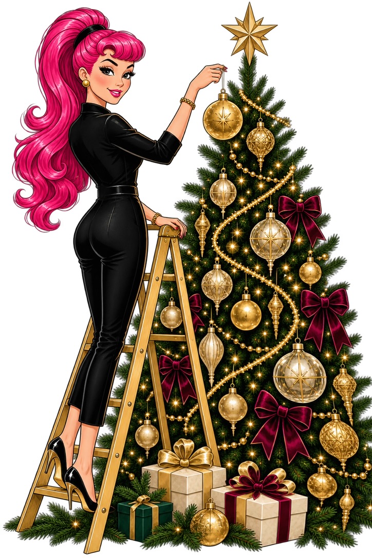 Lindsay’s pink-haired Christmas decorator beside her decorated tree.