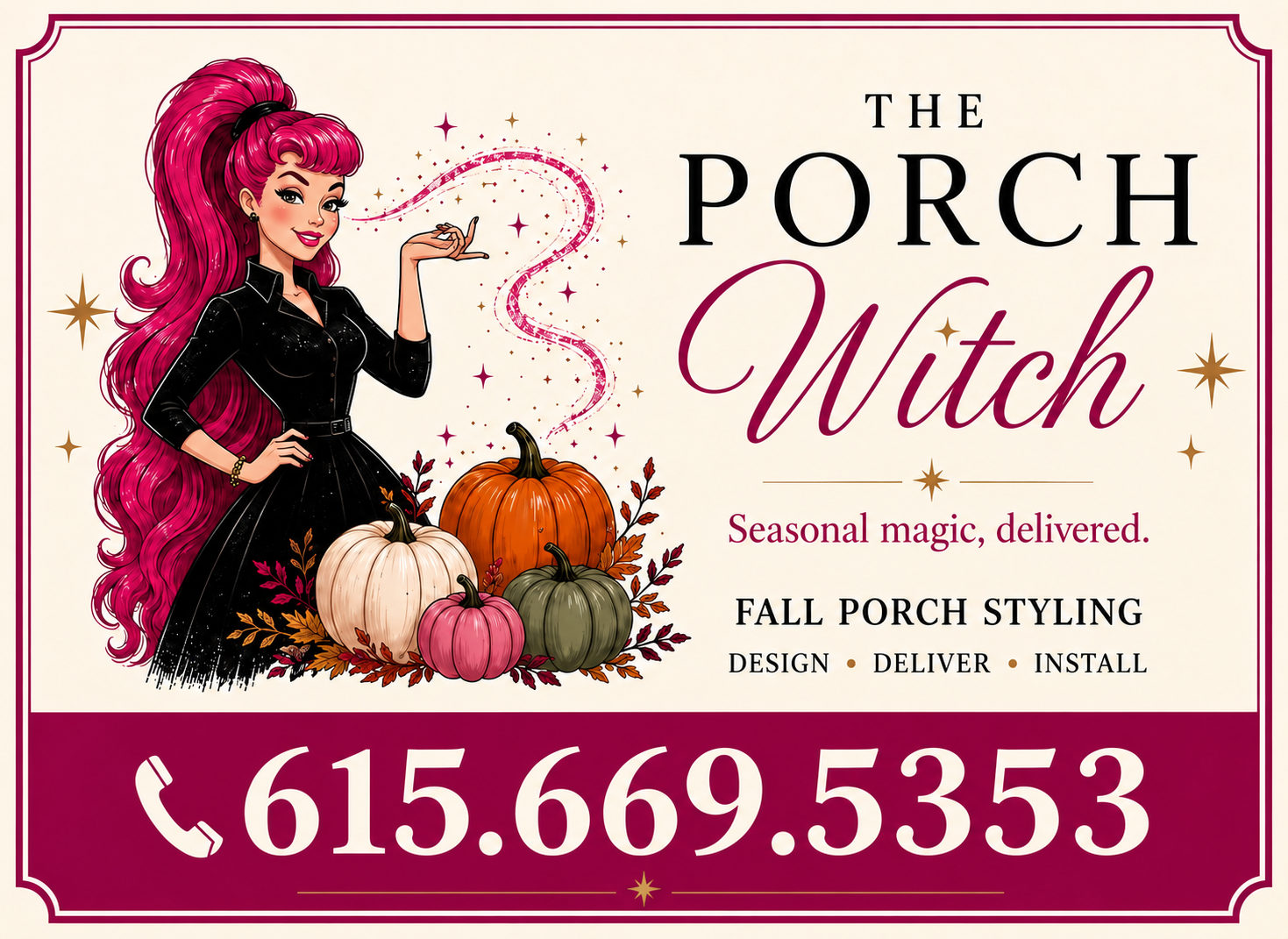 The Porch Witch — seasonal magic, delivered. Fall porch styling.
