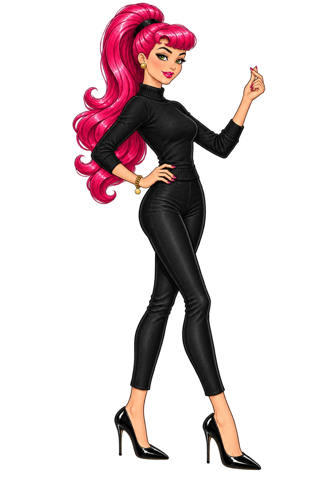 Lindsay with green eyes, a bright pink ponytail, and fitted black clothes, snapping autumn pumpkins into place